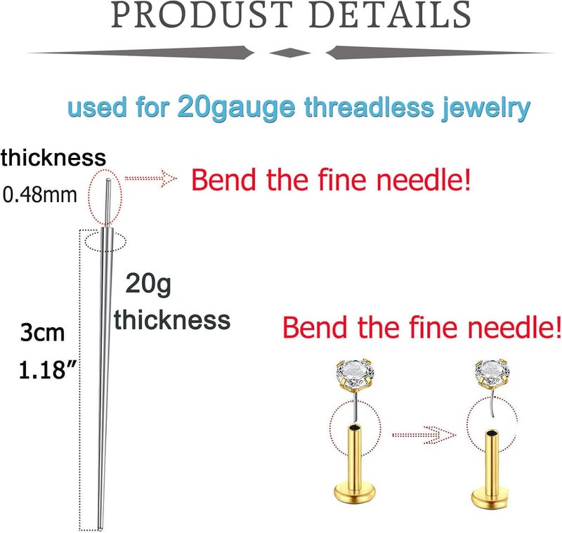 QWALIT Piercing Taper Threadless Insertion Tool - Titanium Labret Pin 16g, 18g, 20g - Image 3